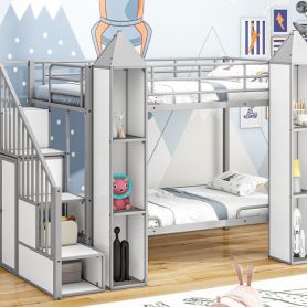 Metal Twin Over Twin Castle-Shaped Bunk Bed With Wardrobe And Multiple Storage