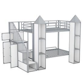 Metal Twin Over Twin Castle-Shaped Bunk Bed With Wardrobe And Multiple Storage