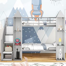 Metal Twin Over Twin Castle-Shaped Bunk Bed With Wardrobe And Multiple Storage