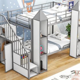 Metal Twin Over Twin Castle-Shaped Bunk Bed With Wardrobe And Multiple Storage