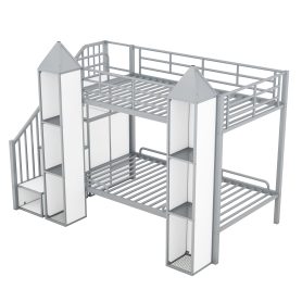 Metal Twin Over Twin Castle-Shaped Bunk Bed With Wardrobe And Multiple Storage