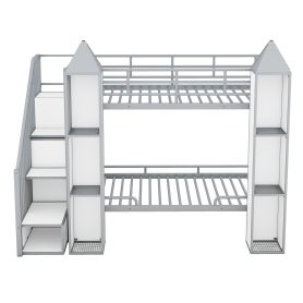 Metal Twin Over Twin Castle-Shaped Bunk Bed With Wardrobe And Multiple Storage