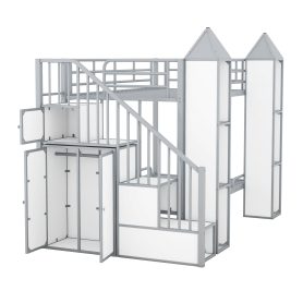 Metal Twin Over Twin Castle-Shaped Bunk Bed With Wardrobe And Multiple Storage