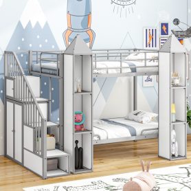 Metal Twin Over Twin Castle-Shaped Bunk Bed With Wardrobe And Multiple Storage