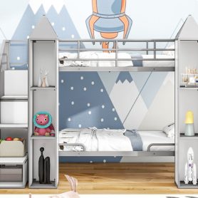 Metal Twin Over Twin Castle-Shaped Bunk Bed With Wardrobe And Multiple Storage
