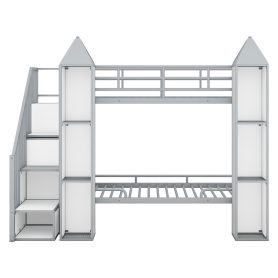 Metal Twin Over Twin Castle-Shaped Bunk Bed With Wardrobe And Multiple Storage