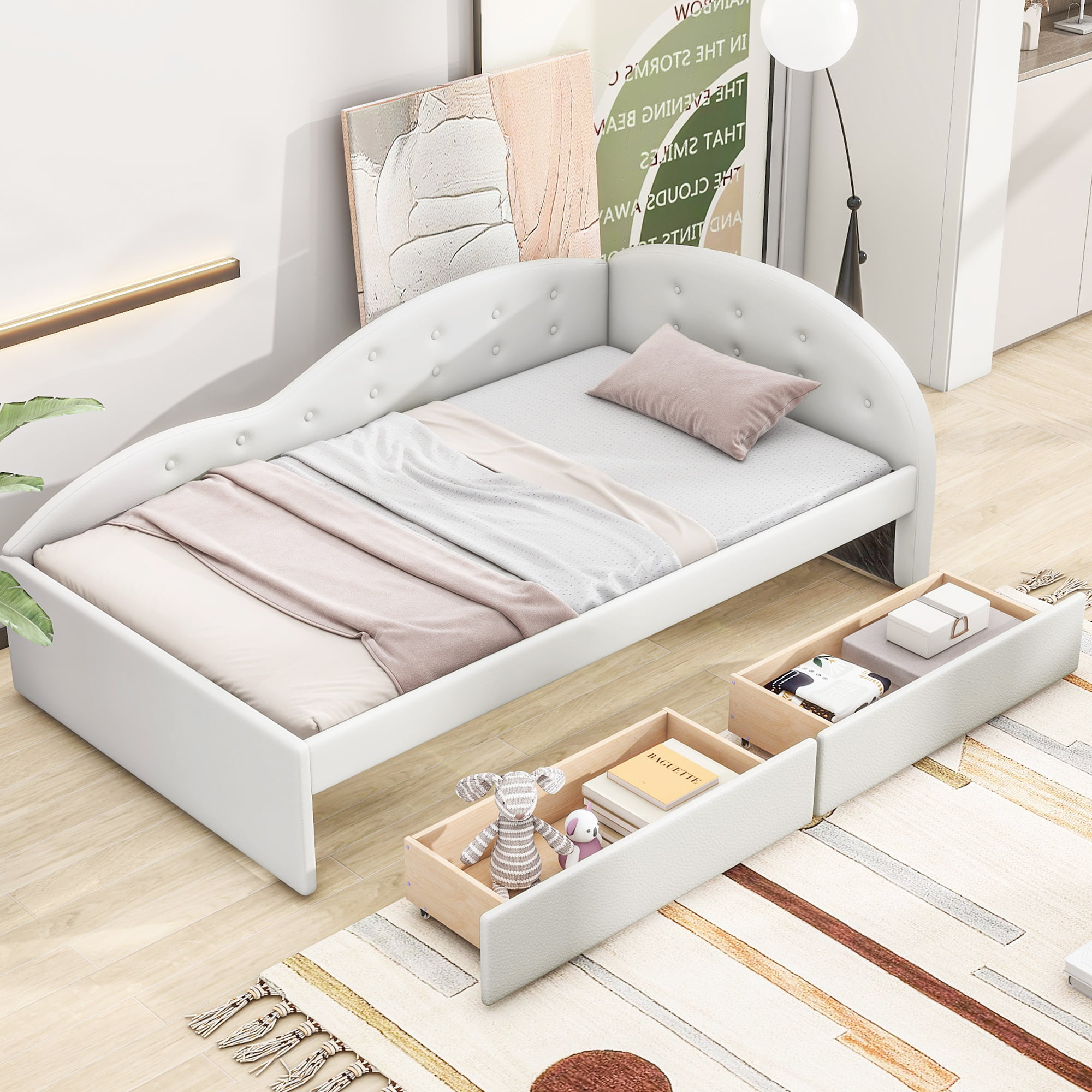 Twin Size PU Upholstered Tufted Daybed with Two Drawers and Cloud Shaped Guardrail