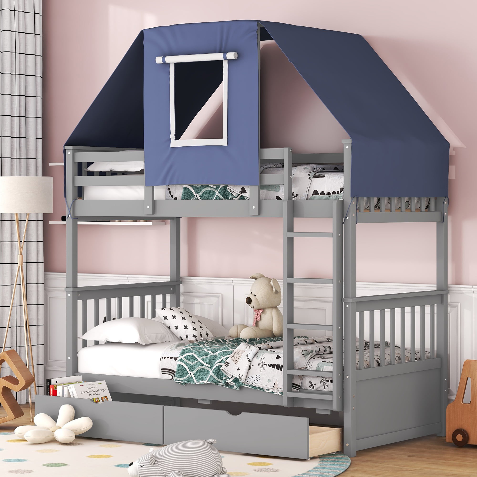 Wood Twin Over Twin Bunk Bed With Tent And Drawers
