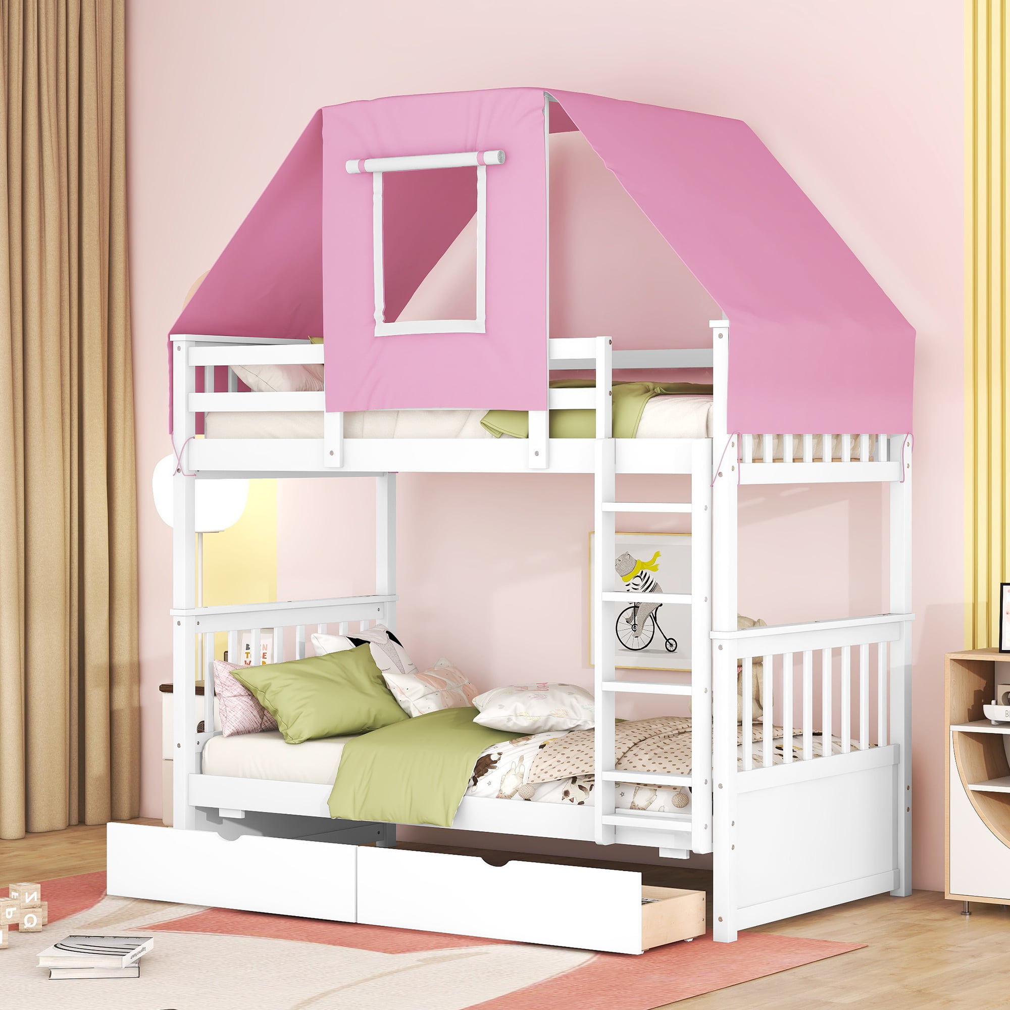 Wood Twin Over Twin Bunk Bed With Tent And Drawers