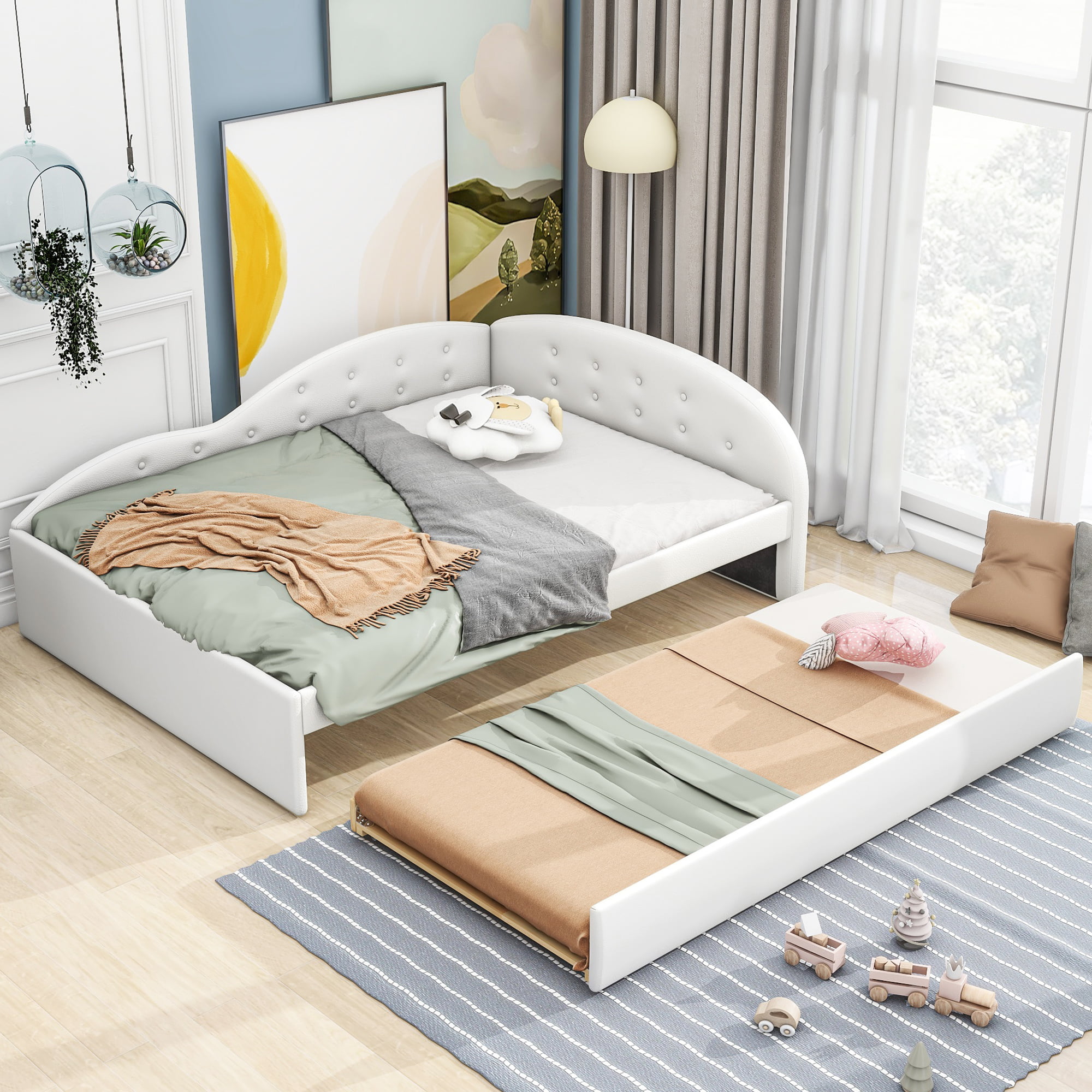 Full Size PU Upholstered Tufted Daybed With Trundle And Cloud Shaped Guardrail