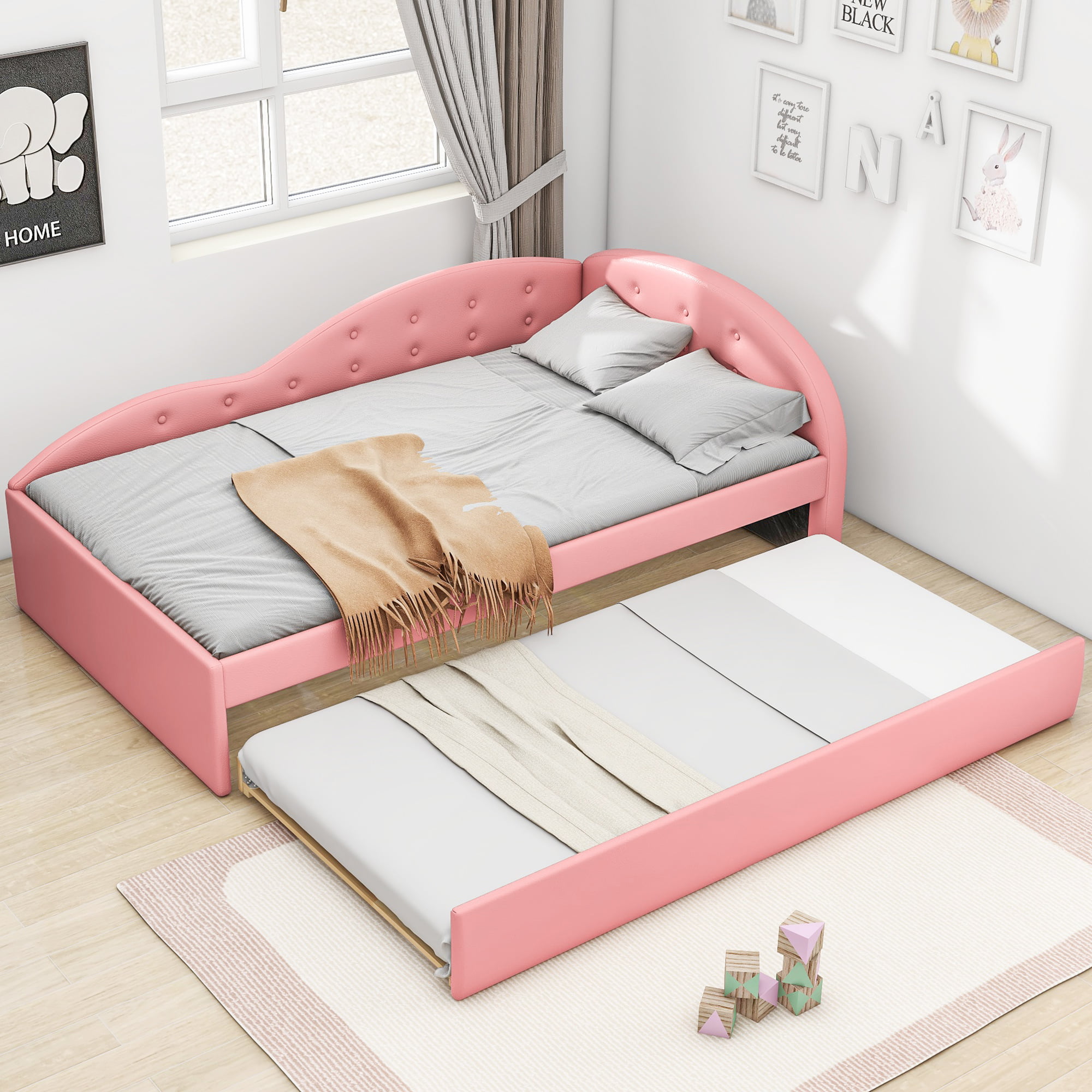 Twin Size PU Upholstered Tufted Daybed With Trundle And Cloud Shaped Guardrail