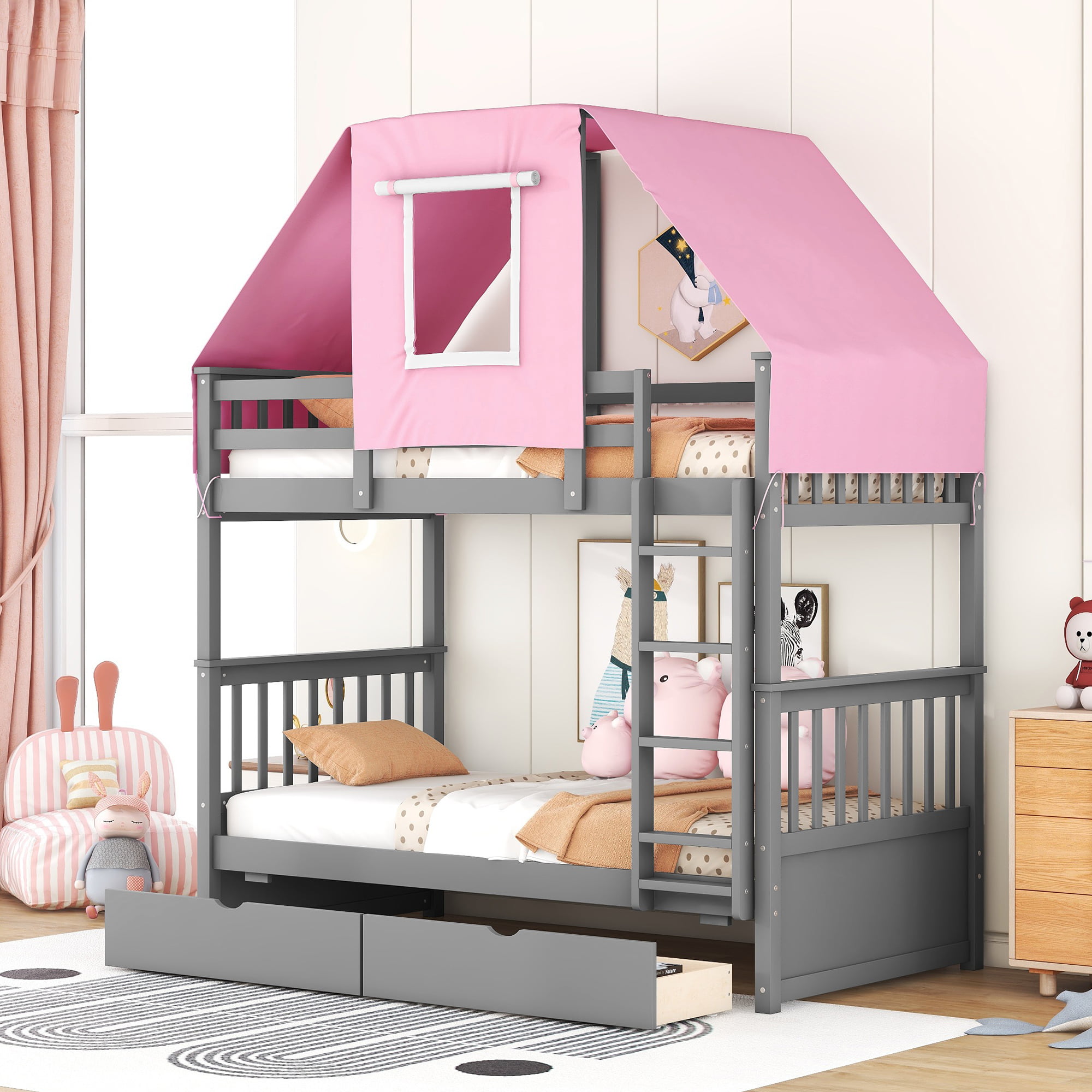 Wood Twin Over Twin Bunk Bed With Tent And Drawers