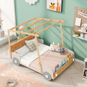 Wood Full Size Car Bed with Pillow, Ceiling Cloth and LED