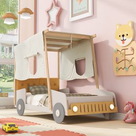 Wood Twin Size Car Bed With Pillow, Ceiling Cloth And LED