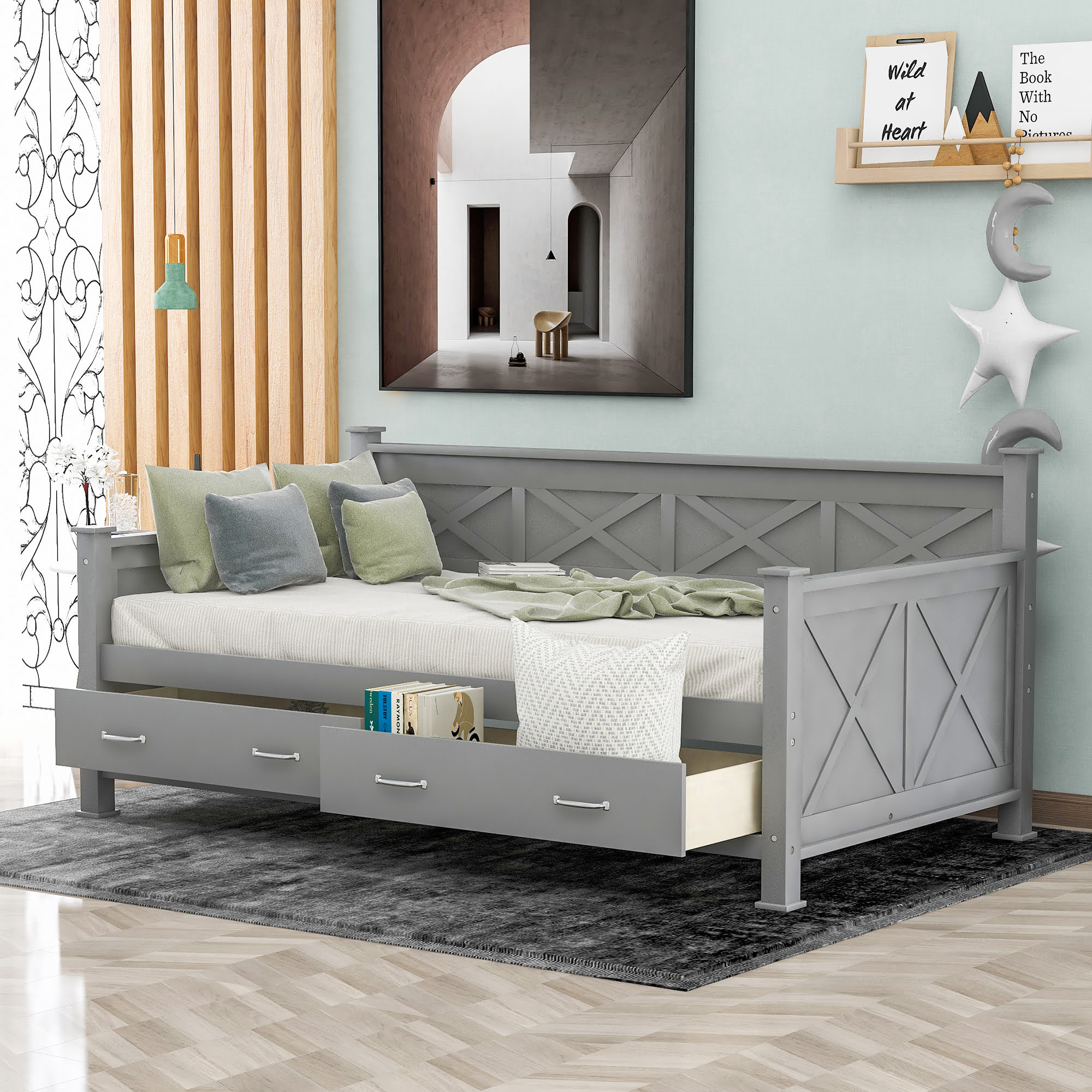 X-Shaped Twin Size Daybed with 2 Large Drawers