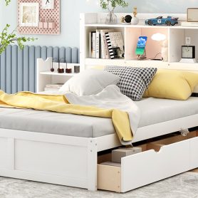 Full Size Storage Platform Bed With Pull Out Shelves, Twin Size Trundle And 2 Drawers