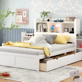 Full Size Storage Platform Bed With Pull Out Shelves, Twin Size Trundle And 2 Drawers