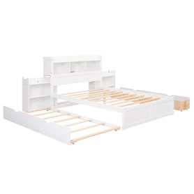 Full Size Storage Platform Bed With Pull Out Shelves, Twin Size Trundle And 2 Drawers
