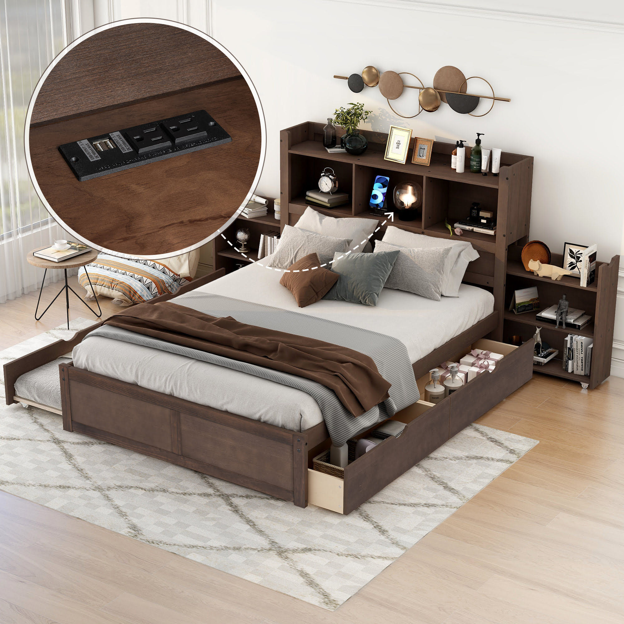 Full Size Storage Platform Bed With Pull Out Shelves, Twin Size Trundle And 2 Drawers