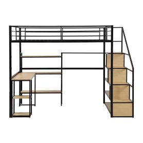 Full Size Metal Loft Bed With Staircase, Built-in Desk And Shelves