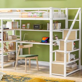 Twin Size Metal Loft Bed With Staircase, Built-in Storage Shelves
