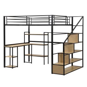 Full Size Metal Loft Bed With Staircase, Built-in Desk And Shelves