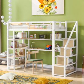 Twin Size Metal Loft Bed With Staircase, Built-in Storage Shelves