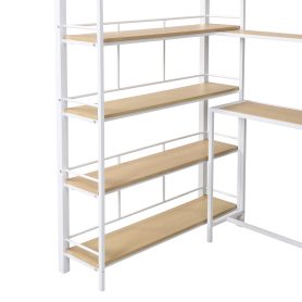 Twin Size Metal Loft Bed With Staircase, Built-in Storage Shelves