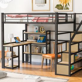 Full Size Metal Loft Bed With Staircase, Built-in Desk And Shelves