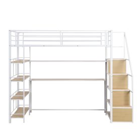 Twin Size Metal Loft Bed With Staircase, Built-in Storage Shelves