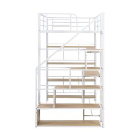 Twin Size Metal Loft Bed With Staircase, Built-in Storage Shelves