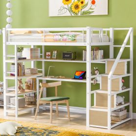 Twin Size Metal Loft Bed With Staircase, Built-in Storage Shelves