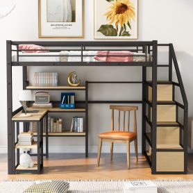 Full Size Metal Loft Bed With Staircase, Built-in Desk And Shelves