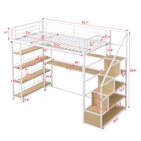 Twin Size Metal Loft Bed With Staircase, Built-in Storage Shelves