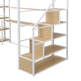 Twin Size Metal Loft Bed With Staircase, Built-in Storage Shelves