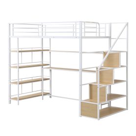 Twin Size Metal Loft Bed With Staircase, Built-in Storage Shelves