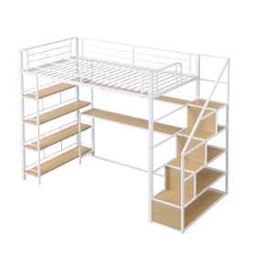 Twin Size Metal Loft Bed With Staircase, Built-in Storage Shelves