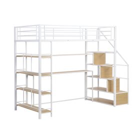 Twin Size Metal Loft Bed With Staircase, Built-in Storage Shelves