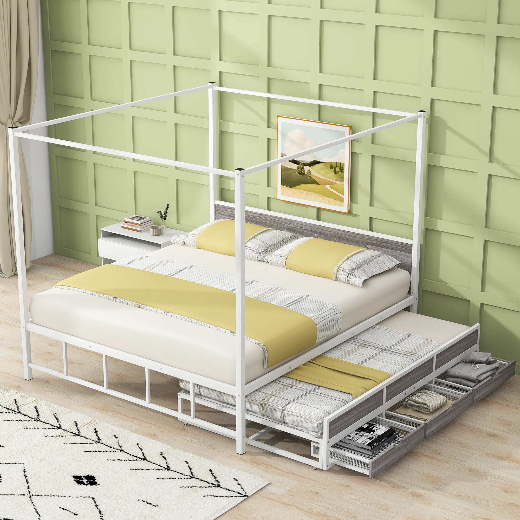 Assembly Instruction For GX000631AAK 1 Queen Size Metal Canopy Platform Bed With Twin Size Trundle And 3 Storage Drawers