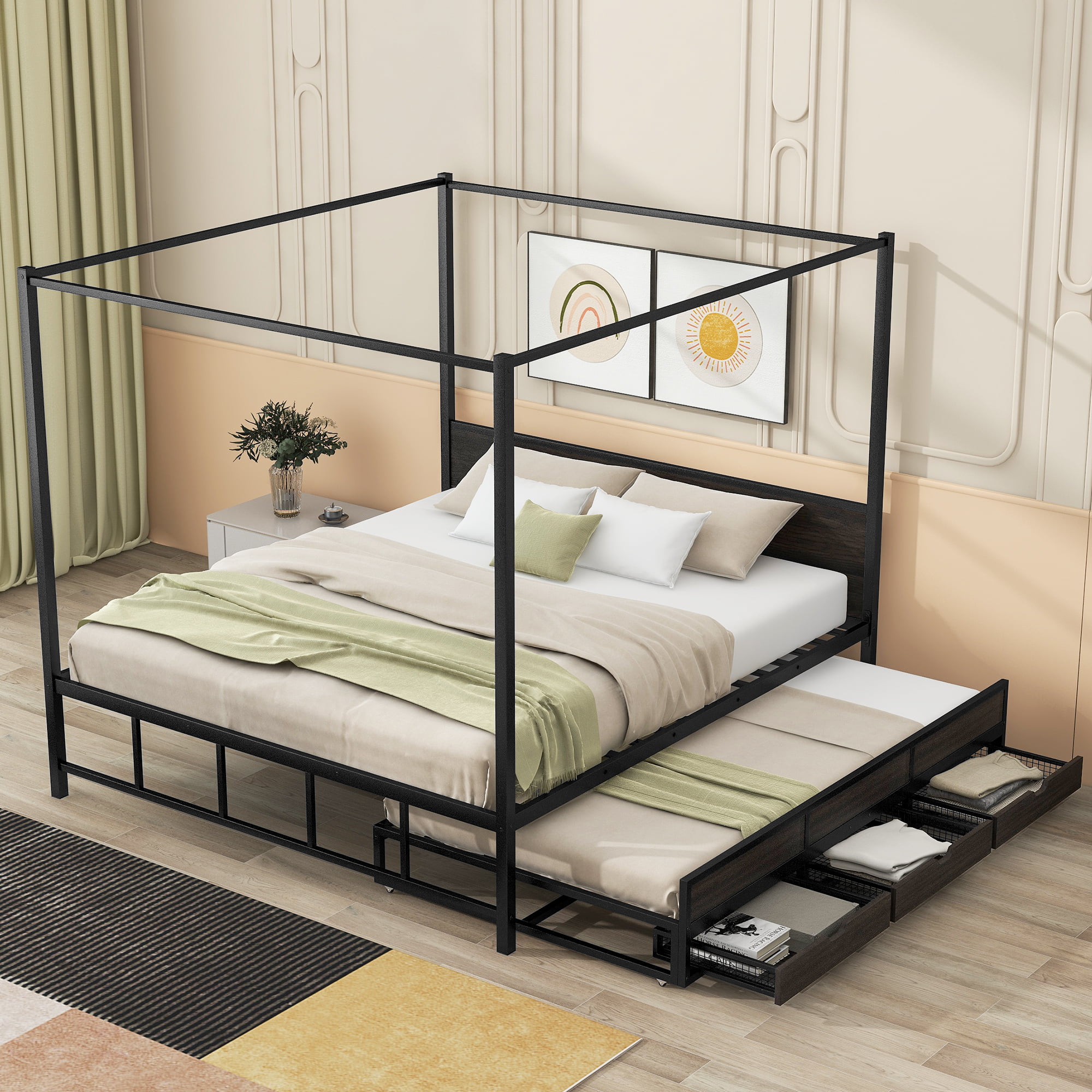 Assembly Instruction For GX000631AAB 5 Queen Size Metal Canopy Platform Bed With Twin Size Trundle And 3 Storage Drawers