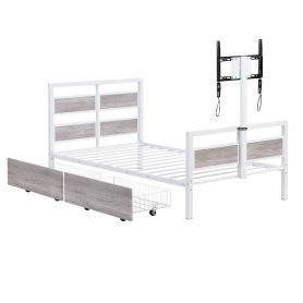 Twin Size Metal Platform Bed With MDF Headboard And Footboard