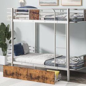 Twin Xl Over Twin Xl Metal Bunk Bed With MDF Board Guardrail And Two Storage Drawers