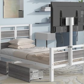 Twin Size Metal Platform Bed With MDF Headboard And Footboard