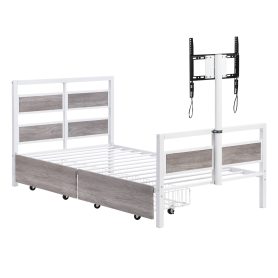 Twin Size Metal Platform Bed With MDF Headboard And Footboard