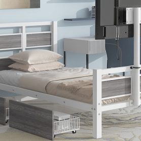 Twin Size Metal Platform Bed With MDF Headboard And Footboard