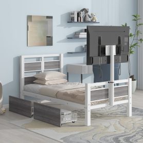 Twin Size Metal Platform Bed With MDF Headboard And Footboard