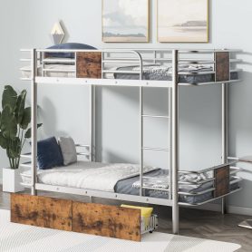 Twin Xl Over Twin Xl Metal Bunk Bed With MDF Board Guardrail And Two Storage Drawers