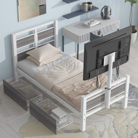 Twin Size Metal Platform Bed With MDF Headboard And Footboard
