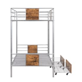 Twin Xl Over Twin Xl Metal Bunk Bed With MDF Board Guardrail And Two Storage Drawers