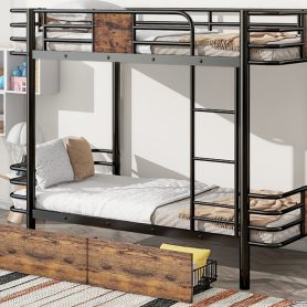Twin Xl Over Twin Xl Metal Bunk Bed With MDF Board Guardrail And Two Storage Drawers